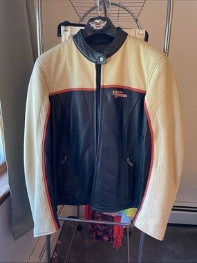 Harley-Davidson Black, Cream & orange, Leather Riding Jacket